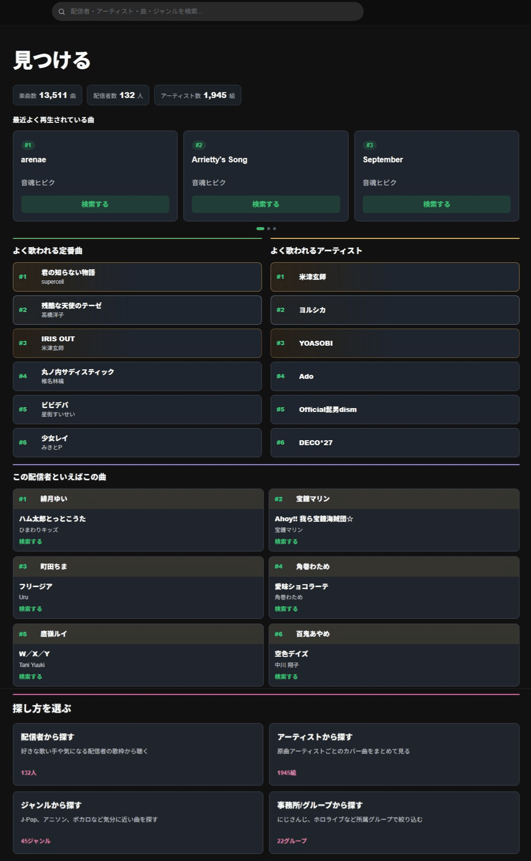 ホームのランキングと探し方カード